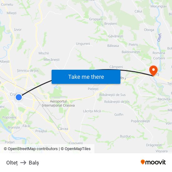 Olteț to Balș map