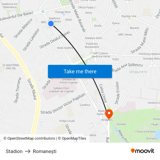 Stadion to Romanești map