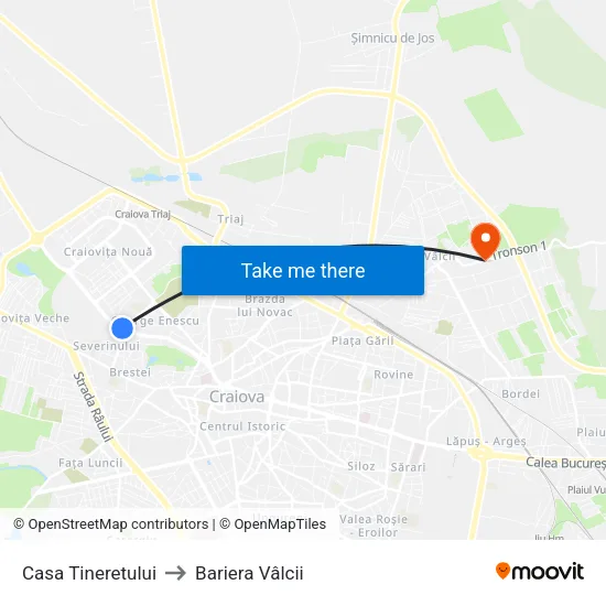 Casa Tineretului to Bariera Vâlcii map