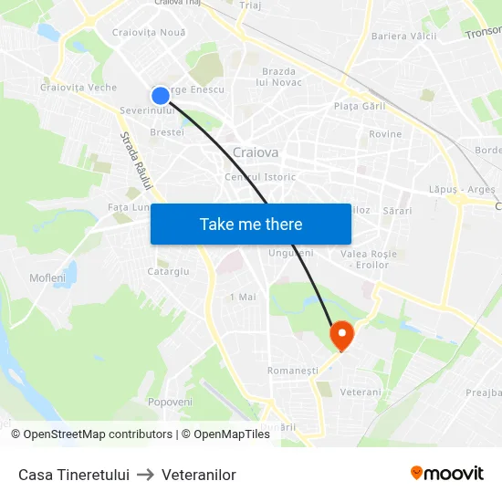 Casa Tineretului to Veteranilor map