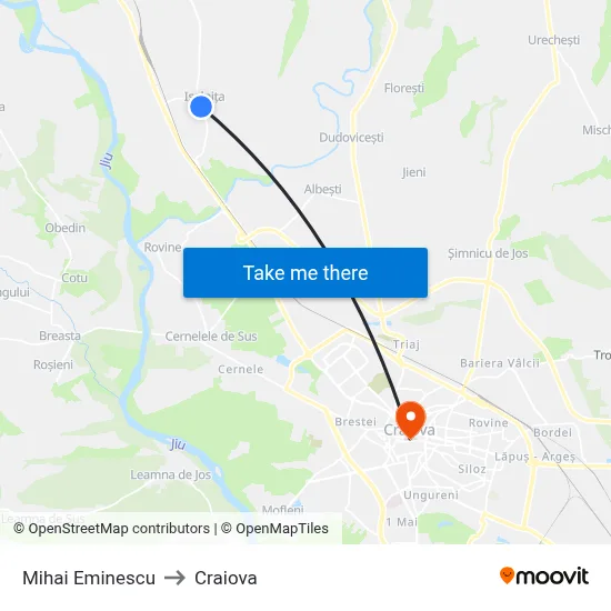 Mihai Eminescu to Craiova map