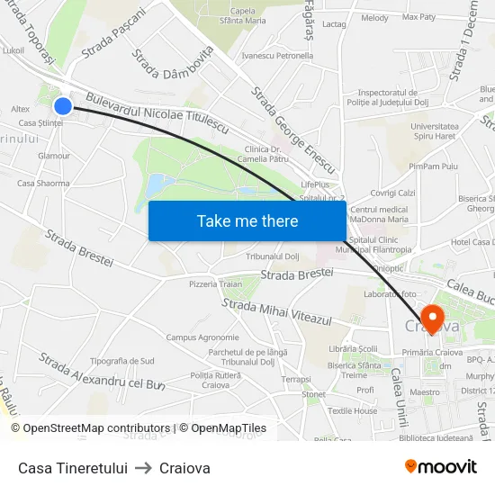 Casa Tineretului to Craiova map