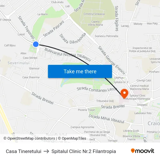 Casa Tineretului to Spitalul Clinic Nr.2 Filantropia map