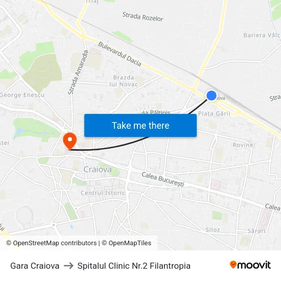 Gara Craiova to Spitalul Clinic Nr.2 Filantropia map