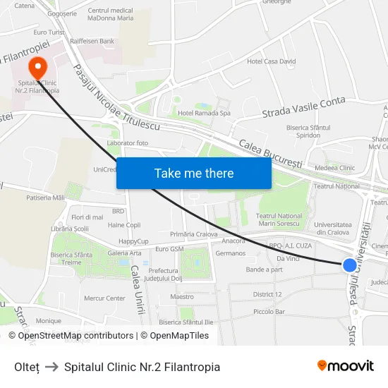 Olteț to Spitalul Clinic Nr.2 Filantropia map