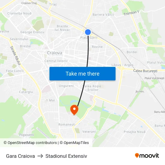 Gara Craiova to Stadionul Extensiv map