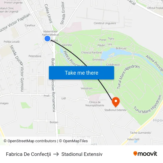 Fabrica De Confecţii to Stadionul Extensiv map