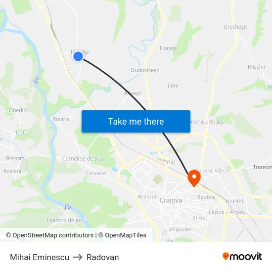 Mihai Eminescu to Radovan map