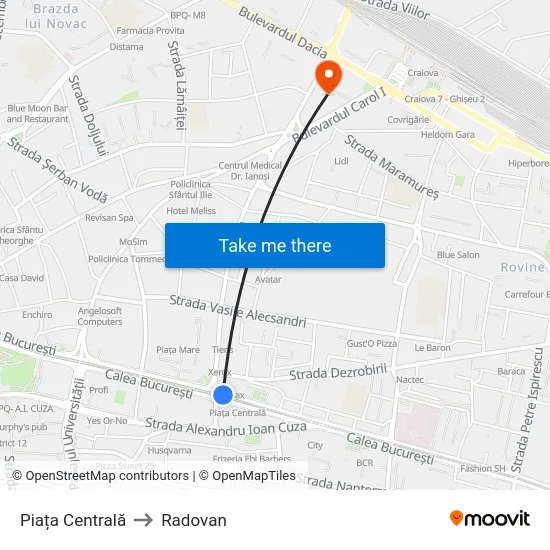 Piața Centrală to Radovan map