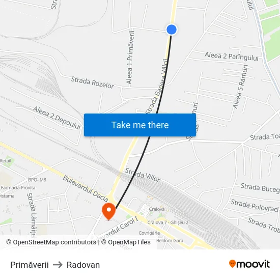 Primăverii to Radovan map