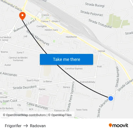 Frigorifer to Radovan map