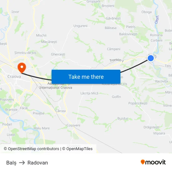 Balș to Radovan map