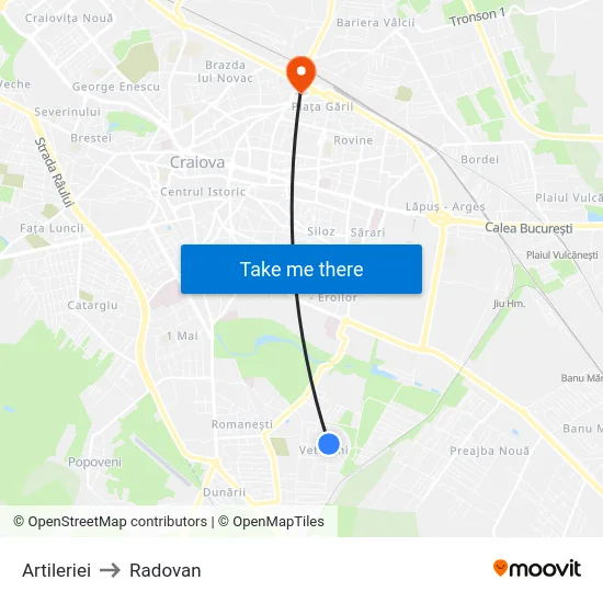 Artileriei to Radovan map