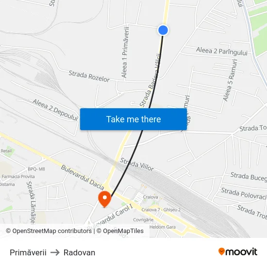 Primăverii to Radovan map