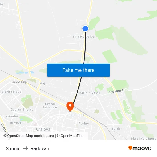 Șimnic to Radovan map