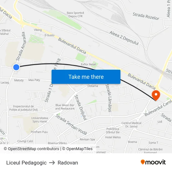 Liceul Pedagogic to Radovan map