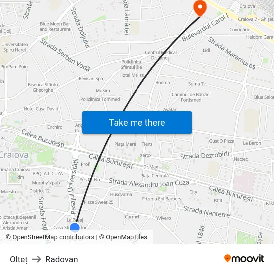 Olteț to Radovan map