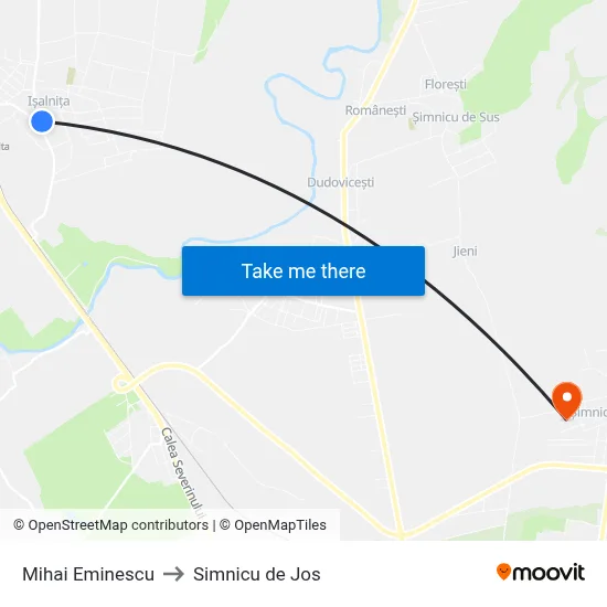 Mihai Eminescu to Simnicu de Jos map