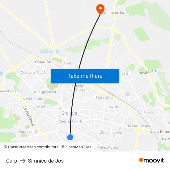 Carp to Simnicu de Jos map