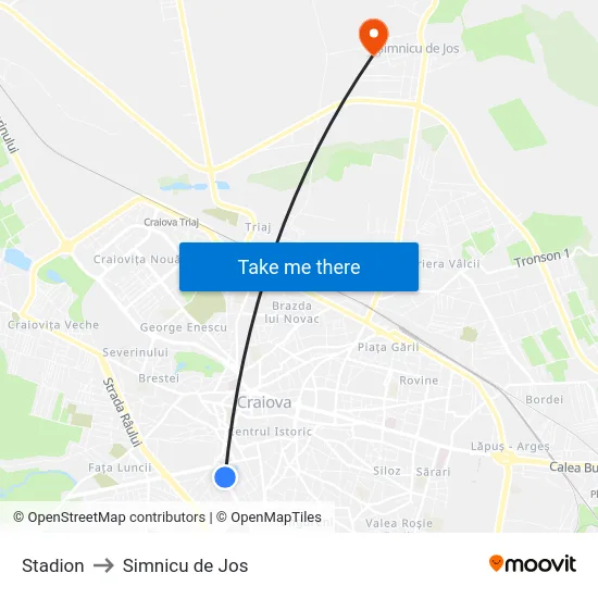 Stadion to Simnicu de Jos map