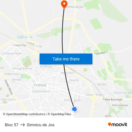 Bloc 57 to Simnicu de Jos map