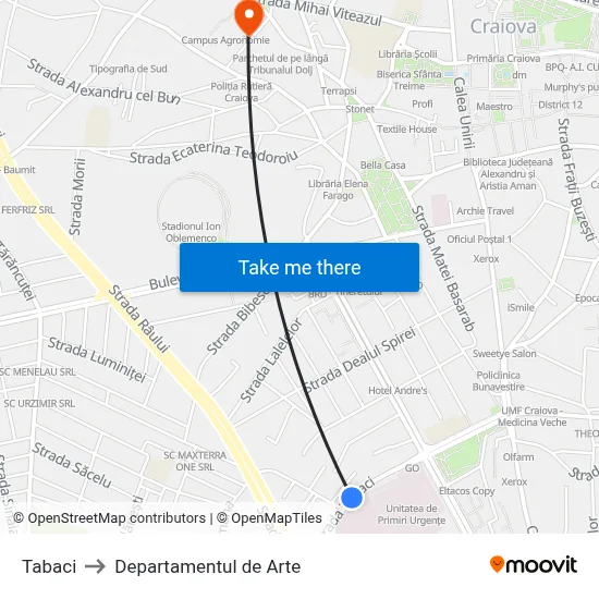 Tabaci to Departamentul de Arte map