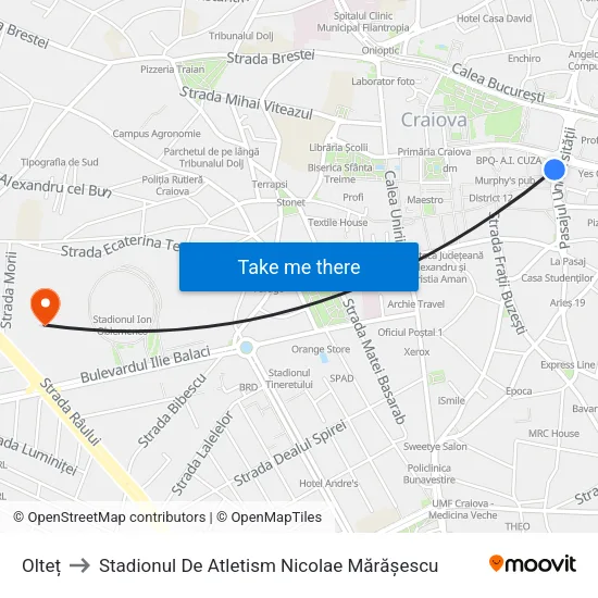 Olteț to Stadionul De Atletism Nicolae Mărășescu map