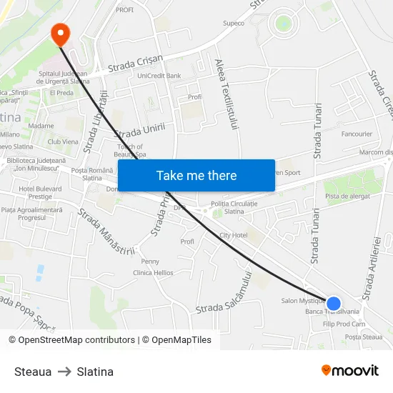 Steaua to Slatina map