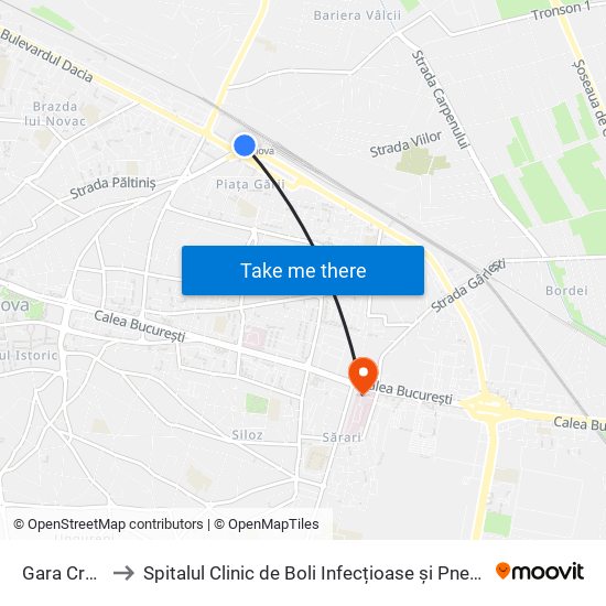 Gara Craiova to Spitalul Clinic de Boli Infecțioase și Pneumoftiziologie map