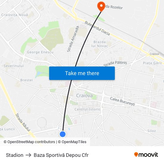 Stadion to Baza Sportivă Depou Cfr map