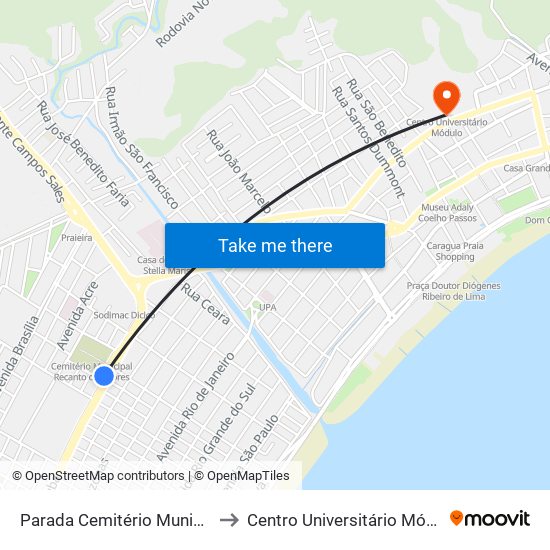 Parada Cemitério Municipal to Centro Universitário Módulo map