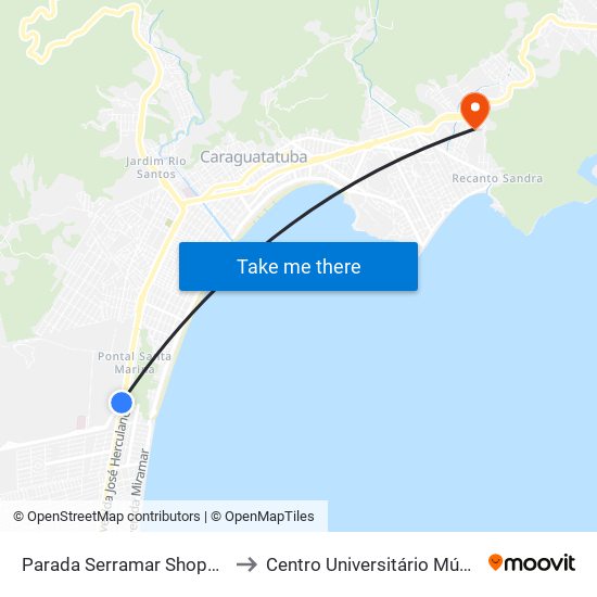 Parada Serramar Shopping to Centro Universitário Múdulo map