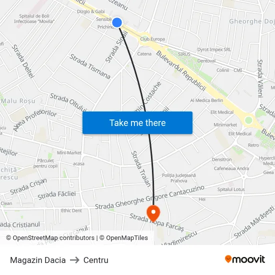 Magazin Dacia to Centru map