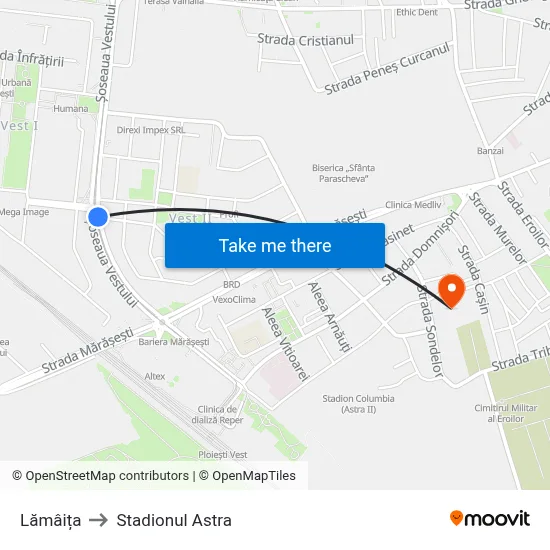Lămâița to Stadionul Astra map