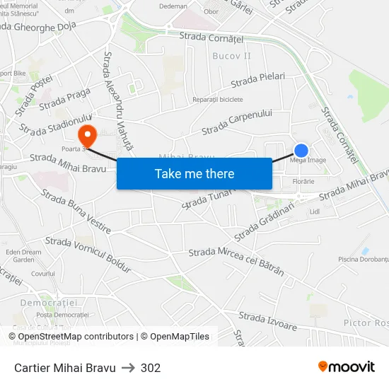 Cartier Mihai Bravu to 302 map