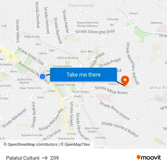 Palatul Culturii to 209 map