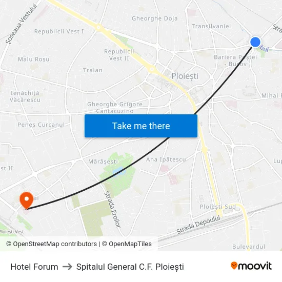 Hotel Forum to Spitalul General C.F. Ploiești map
