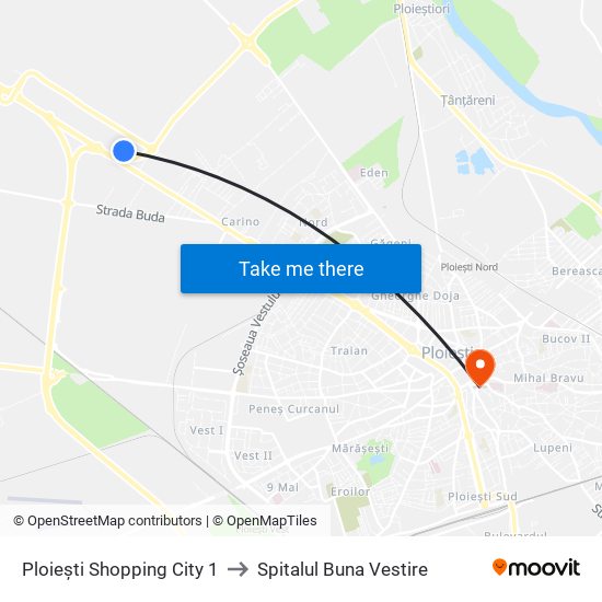 Ploiești Shopping City 1 to Spitalul Buna Vestire map