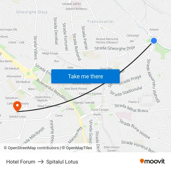 Hotel Forum to Spitalul Lotus map