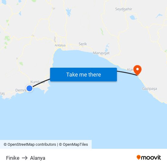 Finike to Alanya map