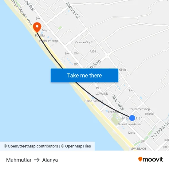 Mahmutlar to Alanya map