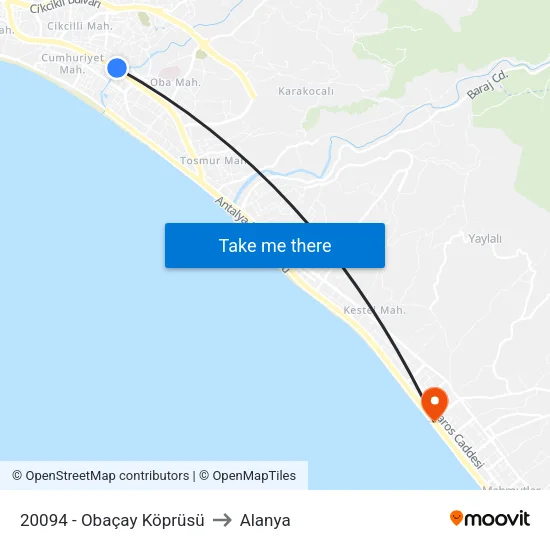 20094 - Obaçay Köprüsü to Alanya map