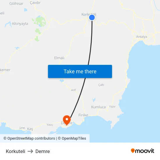Korkuteli to Demre map