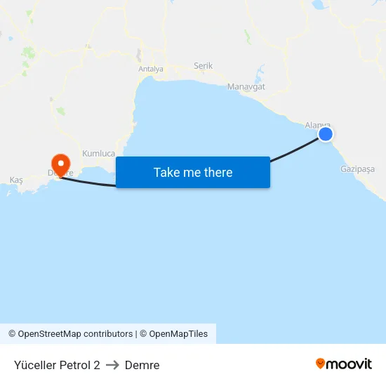Yüceller Petrol 2 to Demre map