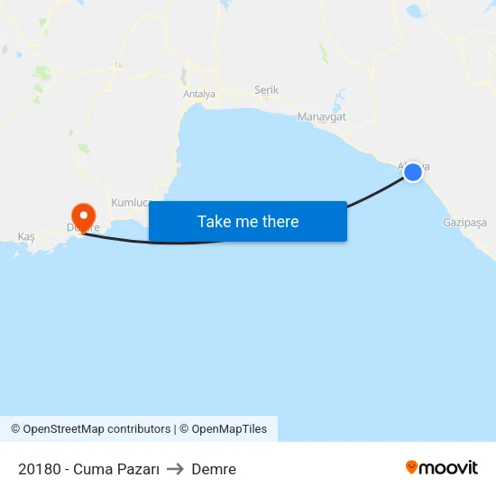 20180 - Cuma Pazarı to Demre map