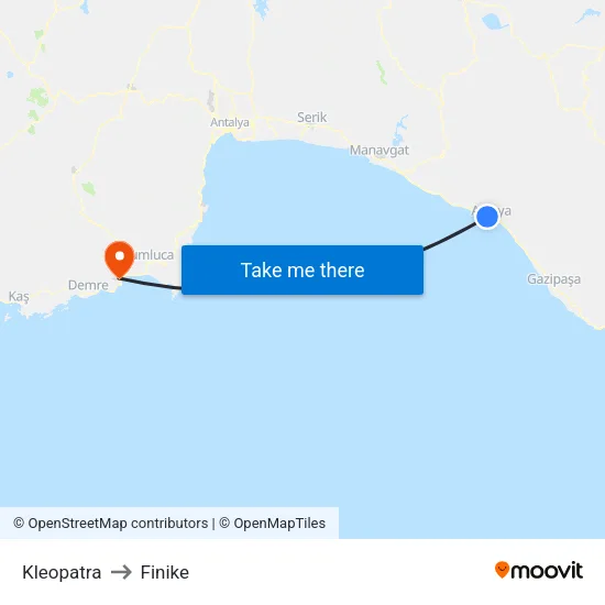 Kleopatra to Finike map