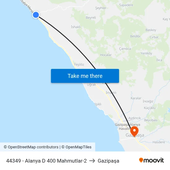 44349 - Alanya D 400 Mahmutlar-2 to Gazipaşa map