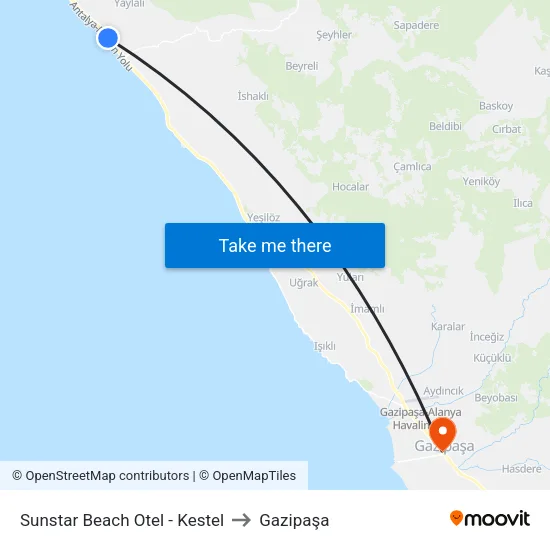 Sunstar Beach Otel - Kestel to Gazipaşa map