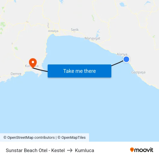 Sunstar Beach Otel - Kestel to Kumluca map