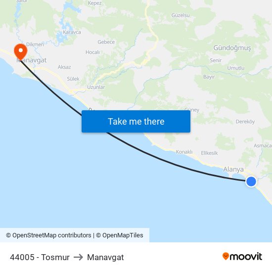 44005 - Tosmur to Manavgat map